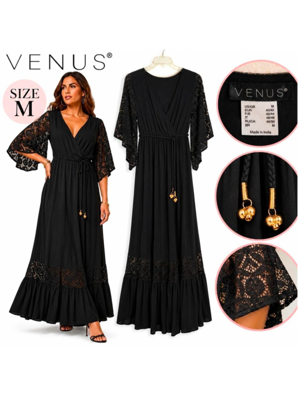 Venus Black Lace Sleeve Maxi Dress Size M Gothic Boho Romantic Whimsigoth